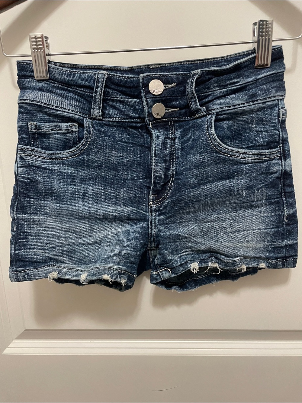 BKE Dark Blue Distressed Denim mid-rise Shorts with Double Button, girls size 14